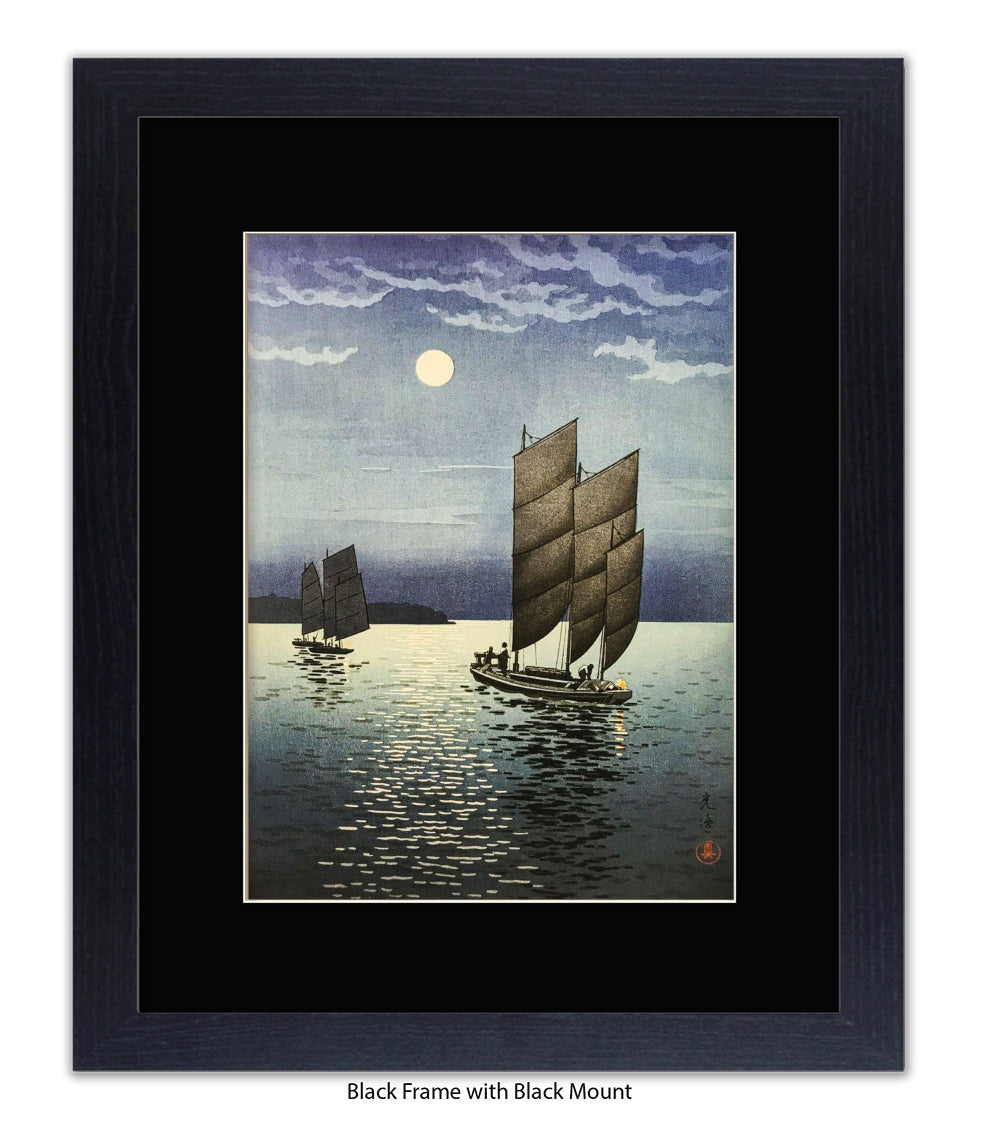 2 Boats at Shinagawa at Night Art Print