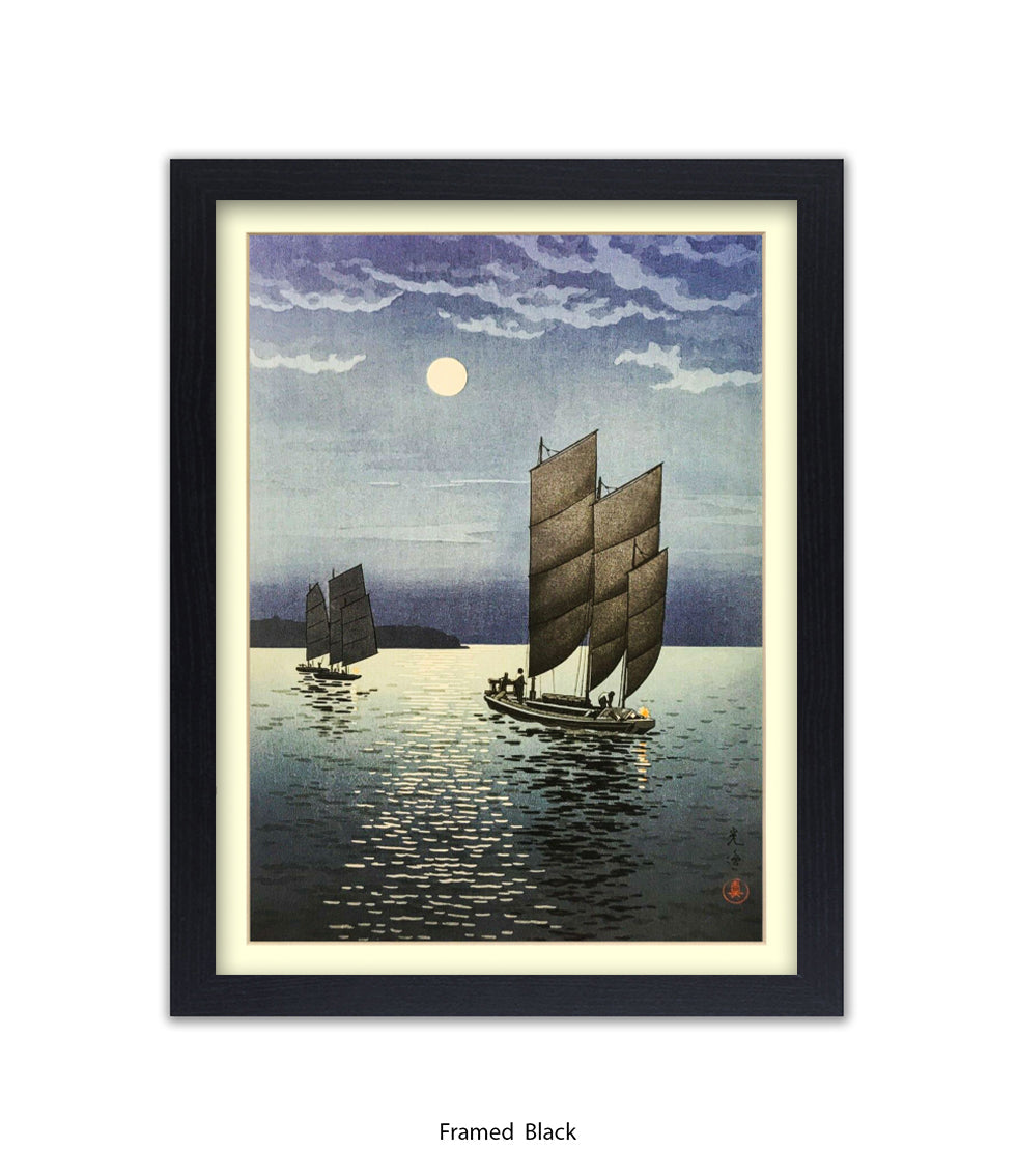 2 Boats at Shinagawa at Night Art Print