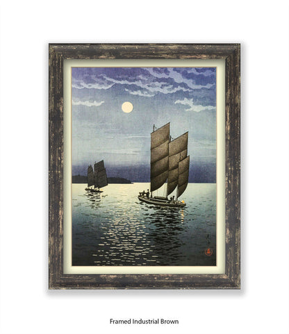 2 Boats at Shinagawa at Night Art Print