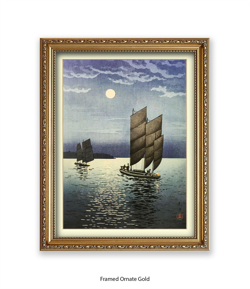 2 Boats at Shinagawa at Night Art Print