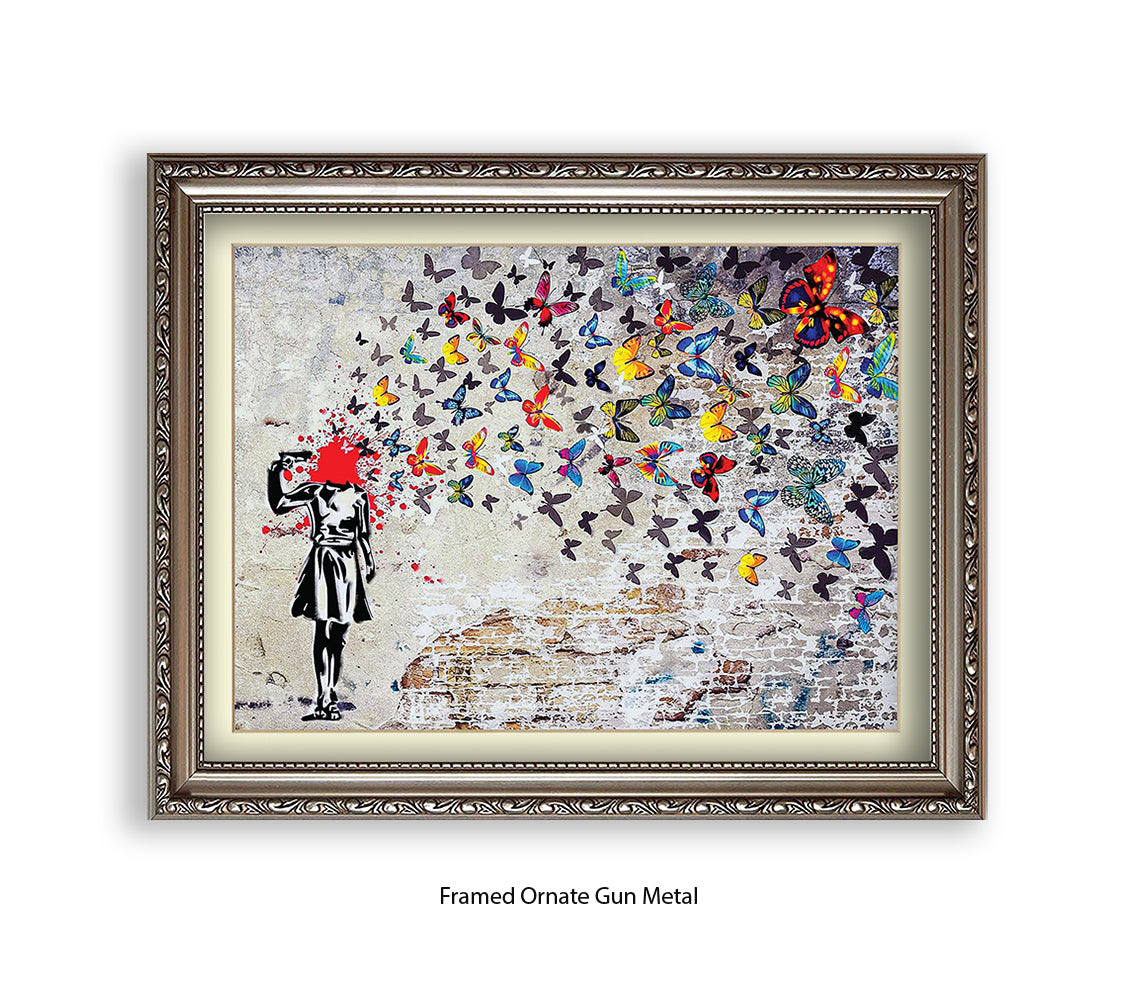 Pistol Head Butterflies Banksy Art Print