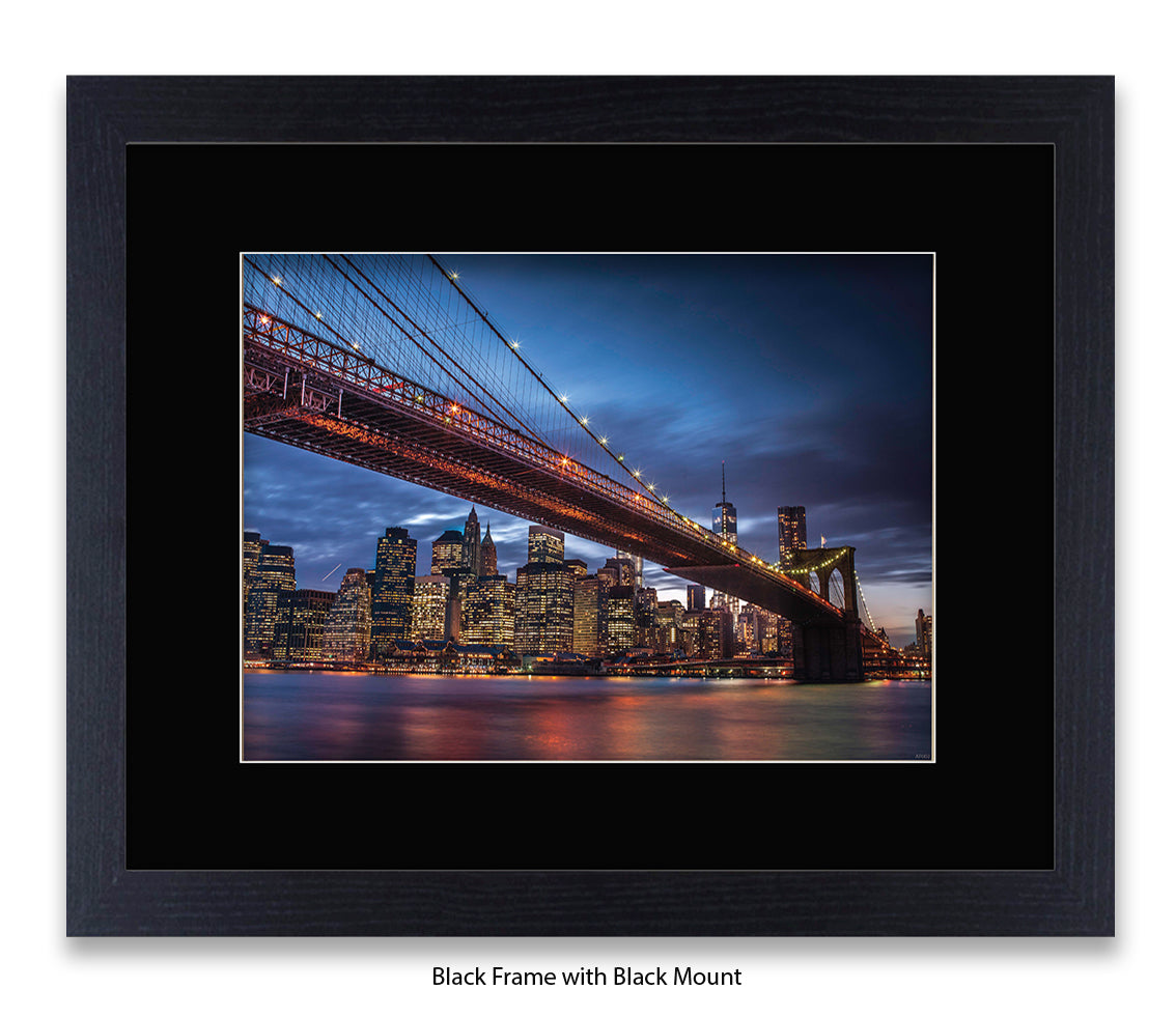 NYC Brooklyn Bridge & Manhattan Skyline At Night - Blue Sky - Mounted & Framed Art Print