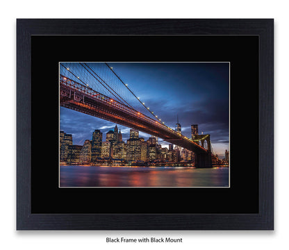 NYC Brooklyn Bridge & Manhattan Skyline At Night - Blue Sky - Mounted & Framed Art Print