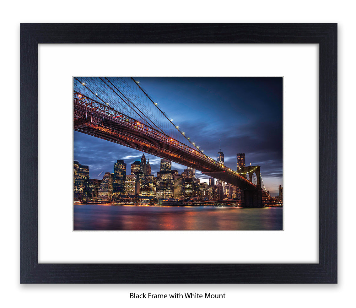 NYC Brooklyn Bridge & Manhattan Skyline At Night - Blue Sky - Mounted & Framed Art Print