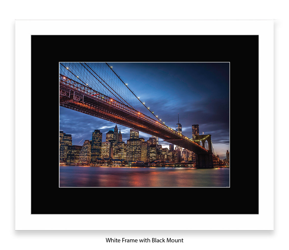 NYC Brooklyn Bridge & Manhattan Skyline At Night - Blue Sky - Mounted & Framed Art Print