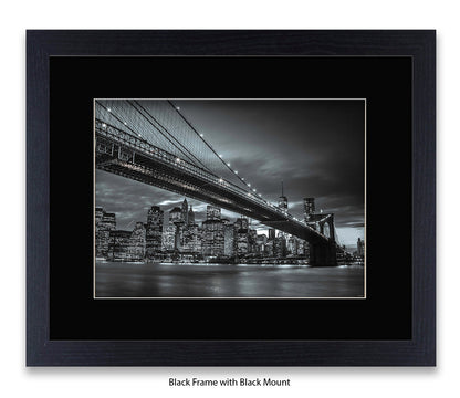 NYC Brooklyn Bridge & Manhattan Skyline At Night - Close Up B&W - Mounted & Framed Art Print