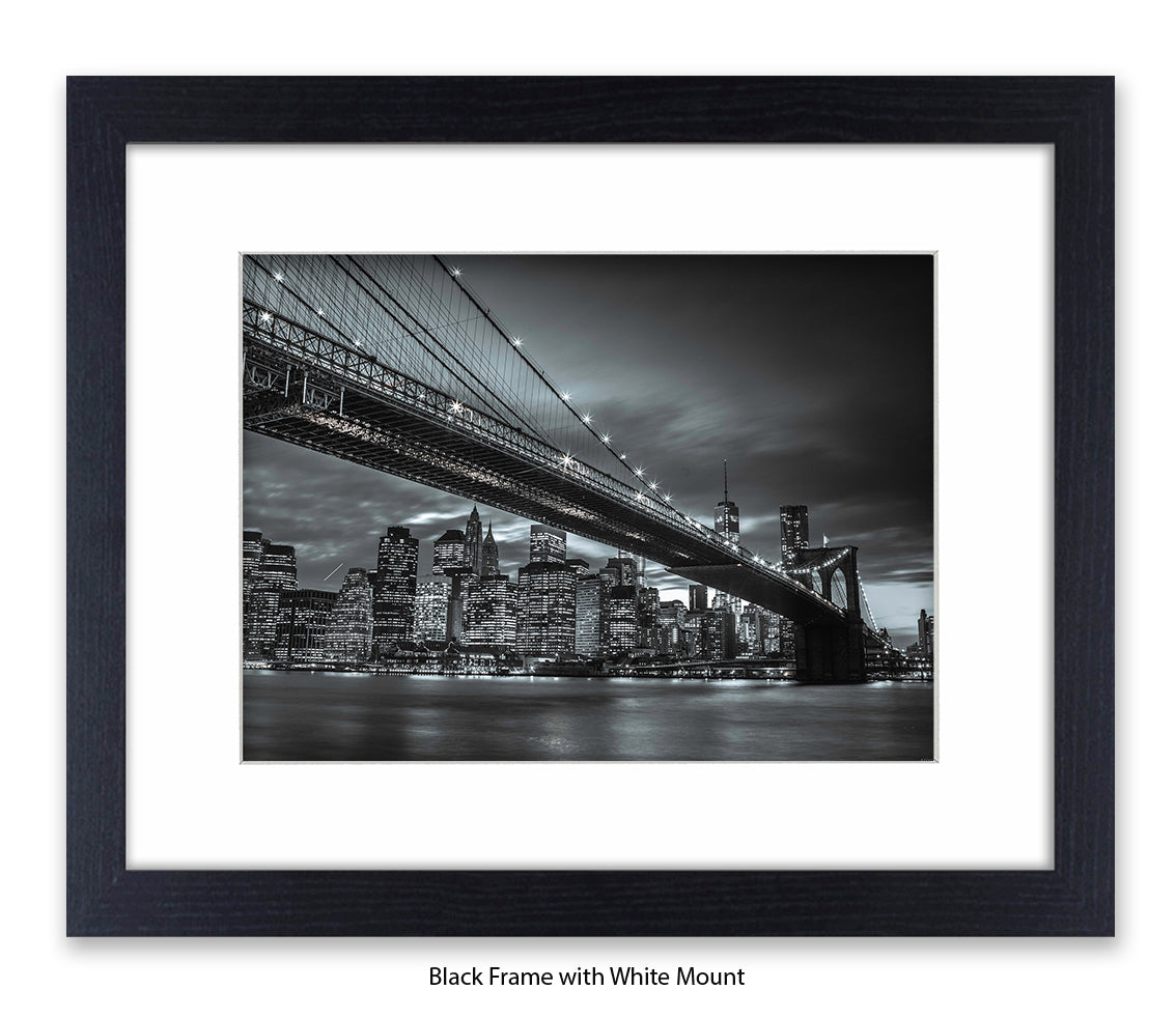 NYC Brooklyn Bridge & Manhattan Skyline At Night - Close Up B&W - Mounted & Framed Art Print