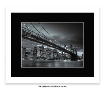 NYC Brooklyn Bridge & Manhattan Skyline At Night - Close Up B&W - Mounted & Framed Art Print