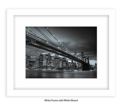 NYC Brooklyn Bridge & Manhattan Skyline At Night - Close Up B&W - Mounted & Framed Art Print