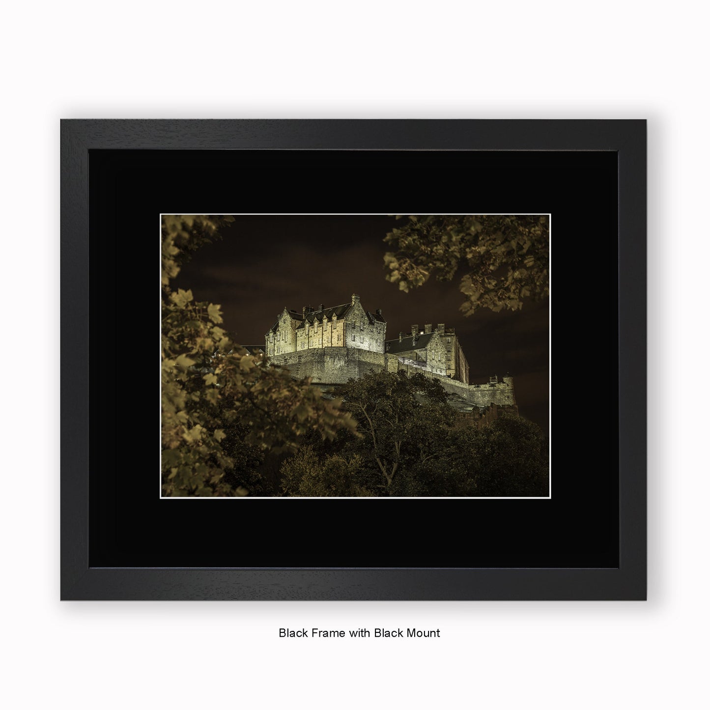 Edinburgh Castle At Night - Autumn Trees - Mounted & Framed Art Print