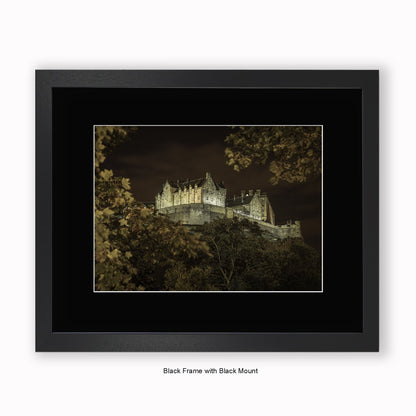 Edinburgh Castle At Night - Autumn Trees - Mounted & Framed Art Print