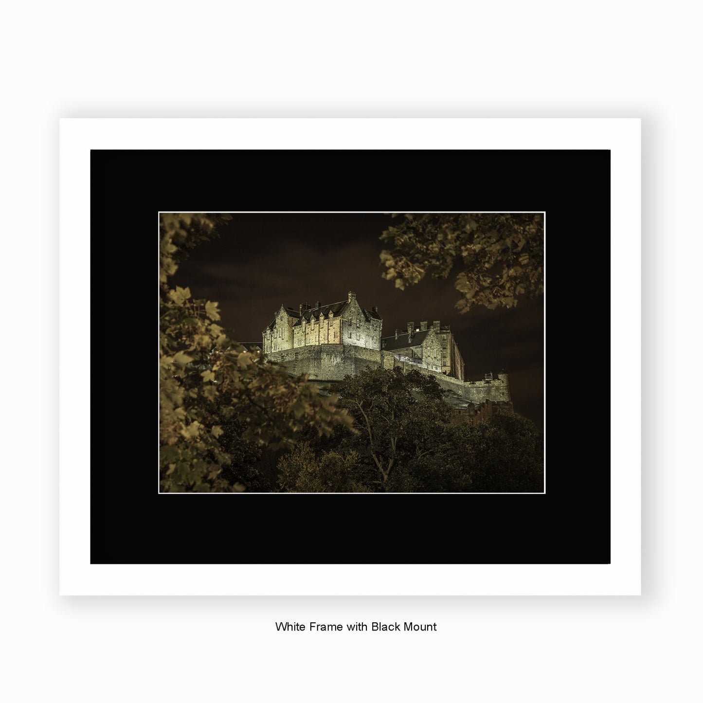 Edinburgh Castle At Night - Autumn Trees - Mounted & Framed Art Print