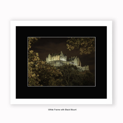 Edinburgh Castle At Night - Autumn Trees - Mounted & Framed Art Print