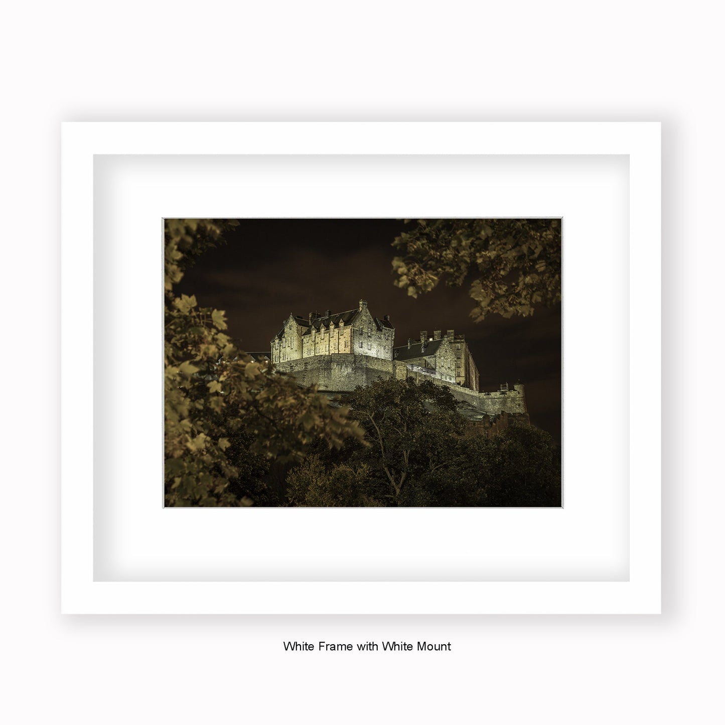 Edinburgh Castle At Night - Autumn Trees - Mounted & Framed Art Print