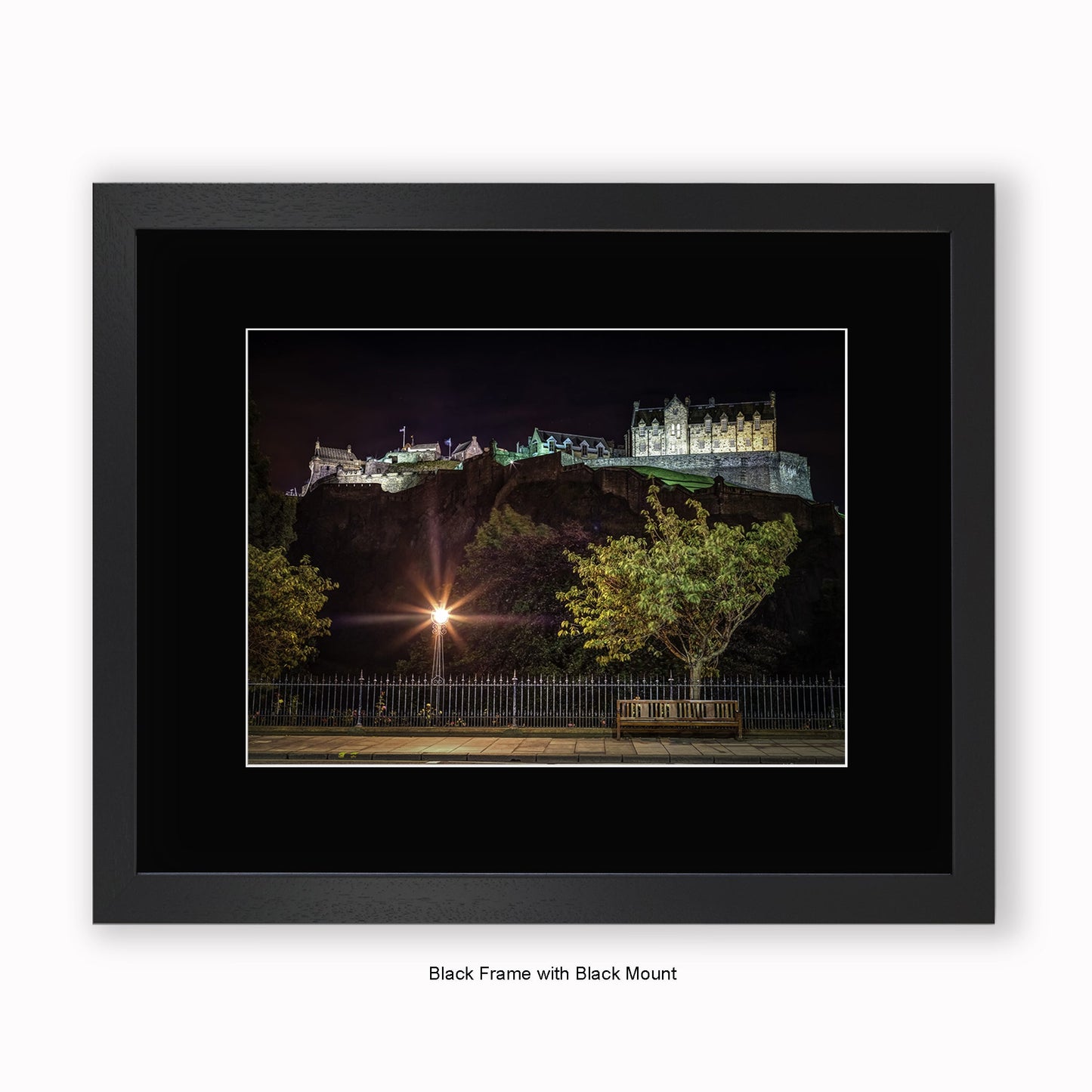 Edinburgh Castle At Night - Park Bench - Mounted & Framed Art Print