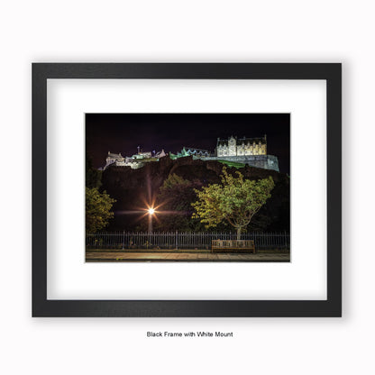 Edinburgh Castle At Night - Park Bench - Mounted & Framed Art Print