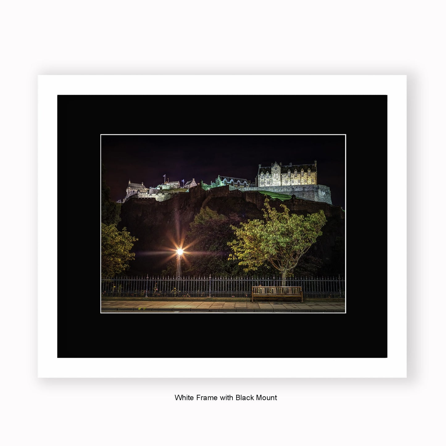 Edinburgh Castle At Night - Park Bench - Mounted & Framed Art Print