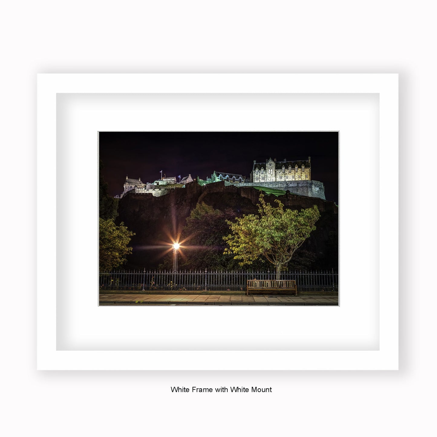 Edinburgh Castle At Night - Park Bench - Mounted & Framed Art Print