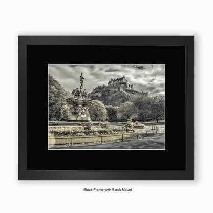 Edinburgh Castle - Water Fountain - Mounted & Framed Art Print