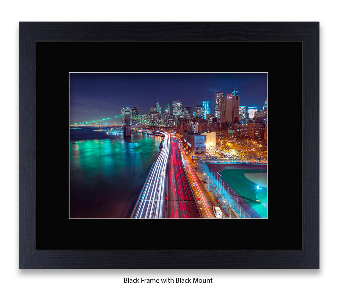 NYC Manhattan - Skyline Car Trails - Mounted & Framed Art Print