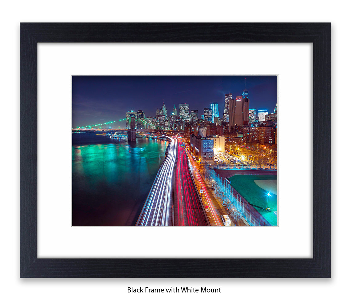 NYC Manhattan - Skyline Car Trails - Mounted & Framed Art Print