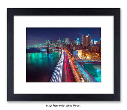 NYC Manhattan - Skyline Car Trails - Mounted & Framed Art Print