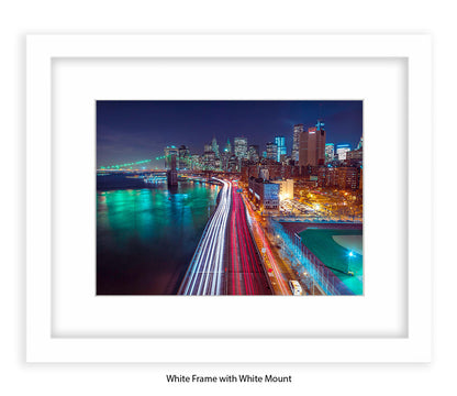 NYC Manhattan - Skyline Car Trails - Mounted & Framed Art Print