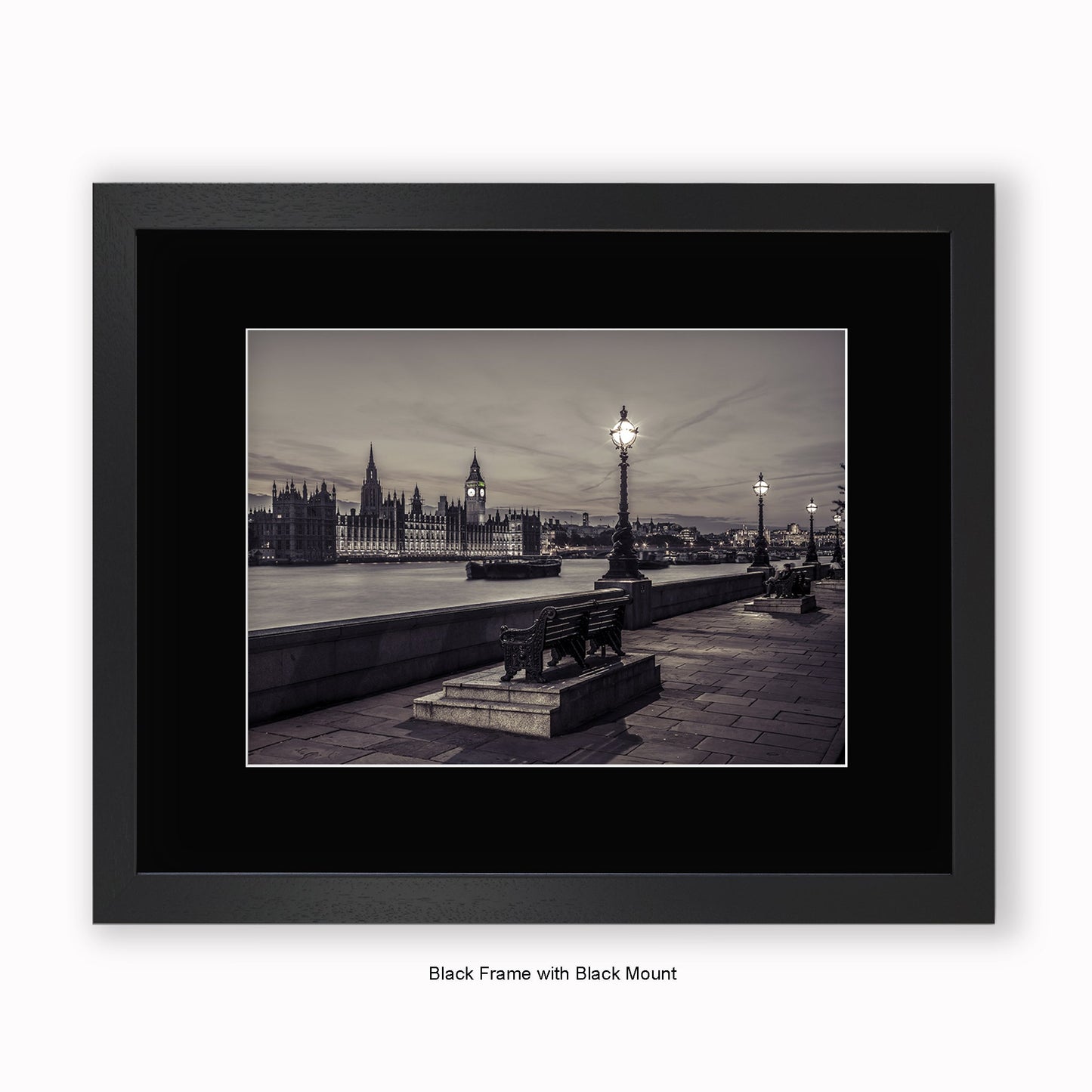 London - Embankment At Night - Sepia Tone - Mounted & Framed Art Print