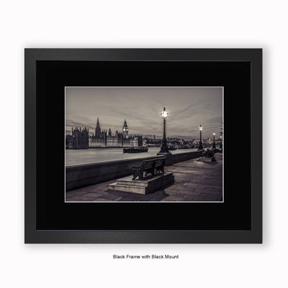 London - Embankment At Night - Sepia Tone - Mounted & Framed Art Print