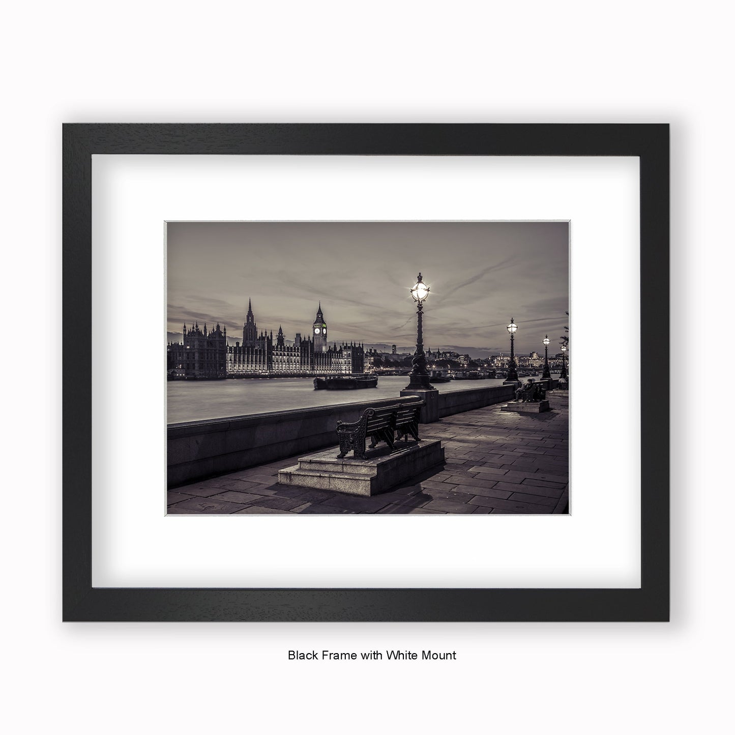 London - Embankment At Night - Sepia Tone - Mounted & Framed Art Print