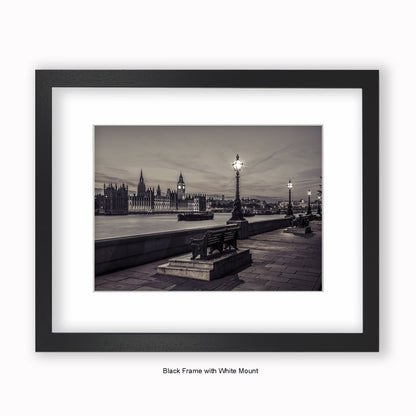 London - Embankment At Night - Sepia Tone - Mounted & Framed Art Print