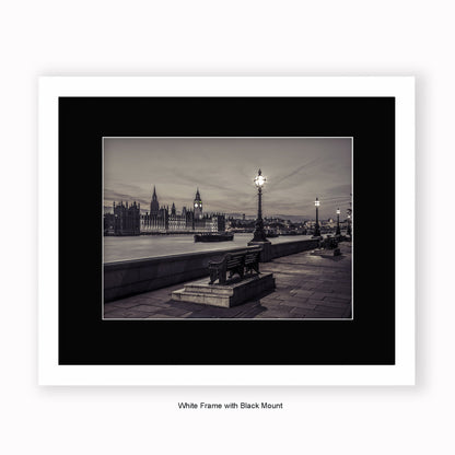 London - Embankment At Night - Sepia Tone - Mounted & Framed Art Print