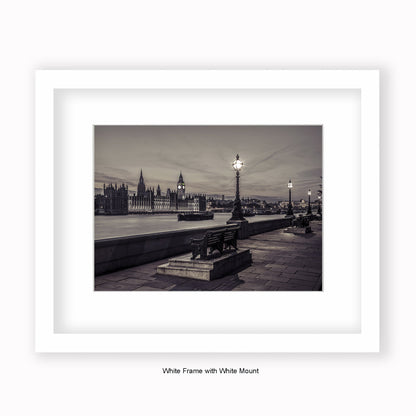 London - Embankment At Night - Sepia Tone - Mounted & Framed Art Print