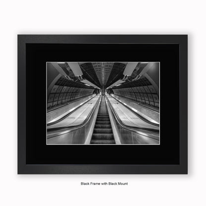 London - Undergound Tube Escalators b/w - Mounted & Framed Art Print