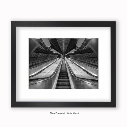 London - Undergound Tube Escalators b/w - Mounted & Framed Art Print