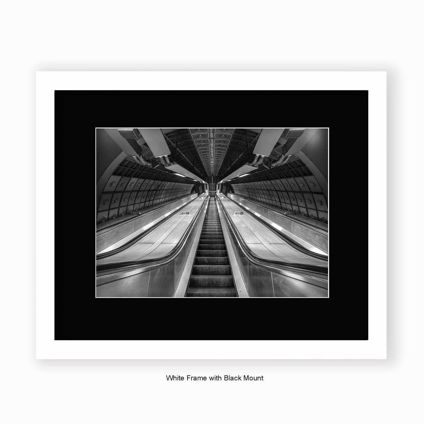 London - Undergound Tube Escalators b/w - Mounted & Framed Art Print