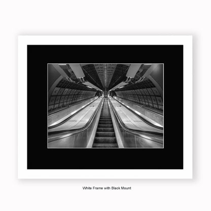 London - Undergound Tube Escalators b/w - Mounted & Framed Art Print