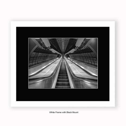 London - Undergound Tube Escalators b/w - Mounted & Framed Art Print