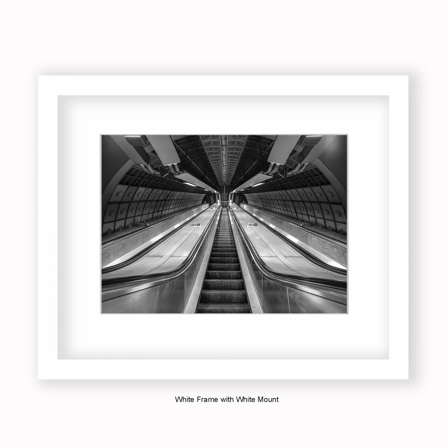 London - Undergound Tube Escalators b/w - Mounted & Framed Art Print