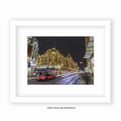 London - Harrods Kensington - Red Ferrari - Mounted & Framed Art Print