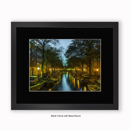 Amsterdam - Canal View At Night Steeple - Mounted & Framed Art Print