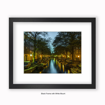 Amsterdam - Canal View At Night Steeple - Mounted & Framed Art Print