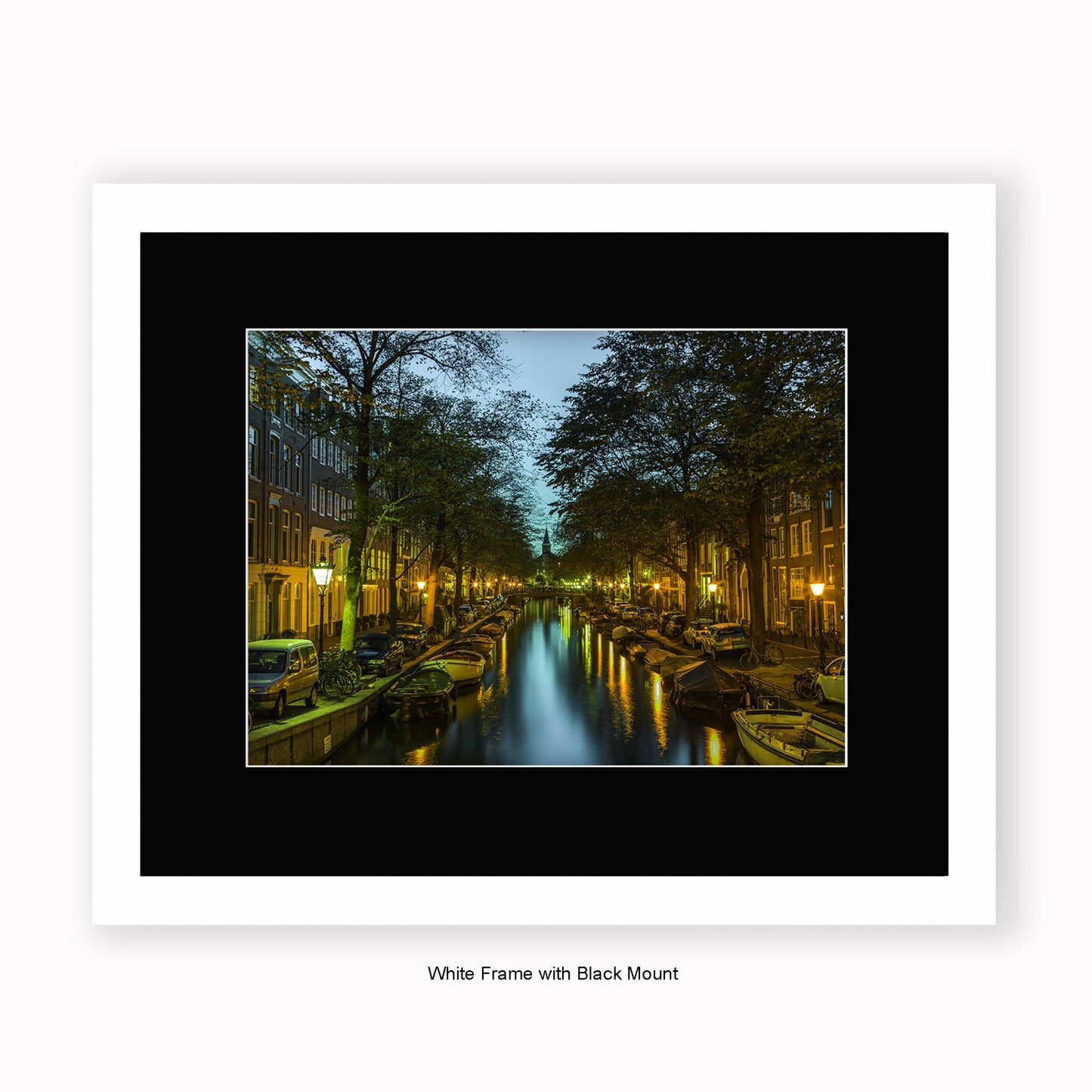 Amsterdam - Canal View At Night Steeple - Mounted & Framed Art Print