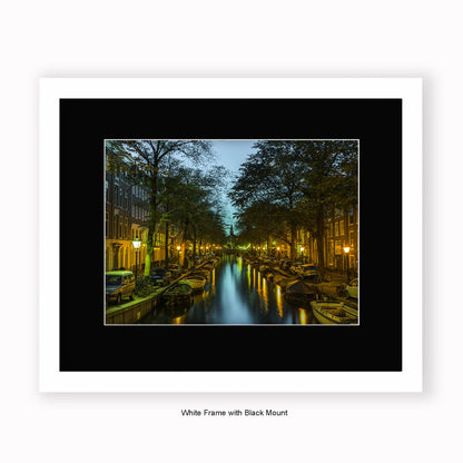 Amsterdam - Canal View At Night Steeple - Mounted & Framed Art Print