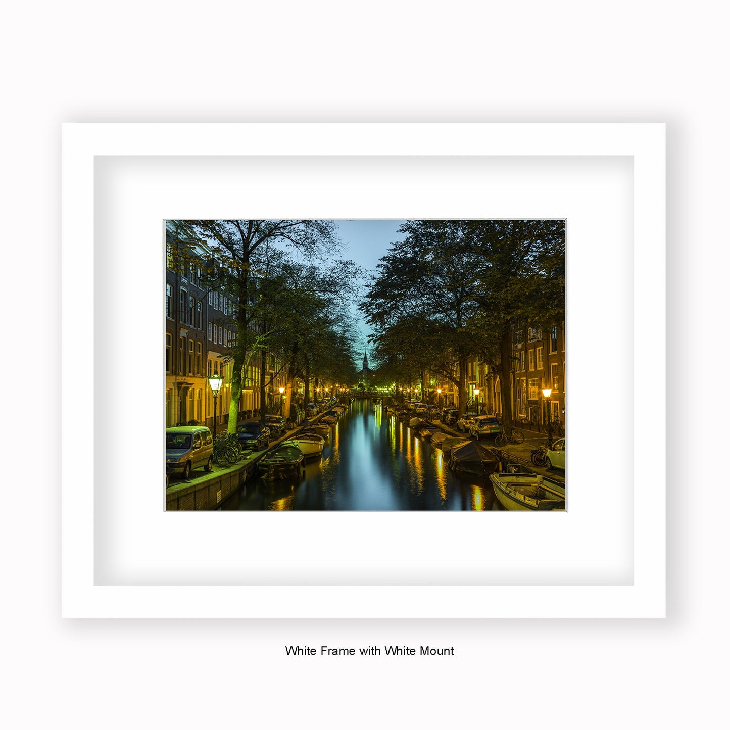 Amsterdam - Canal View At Night Steeple - Mounted & Framed Art Print