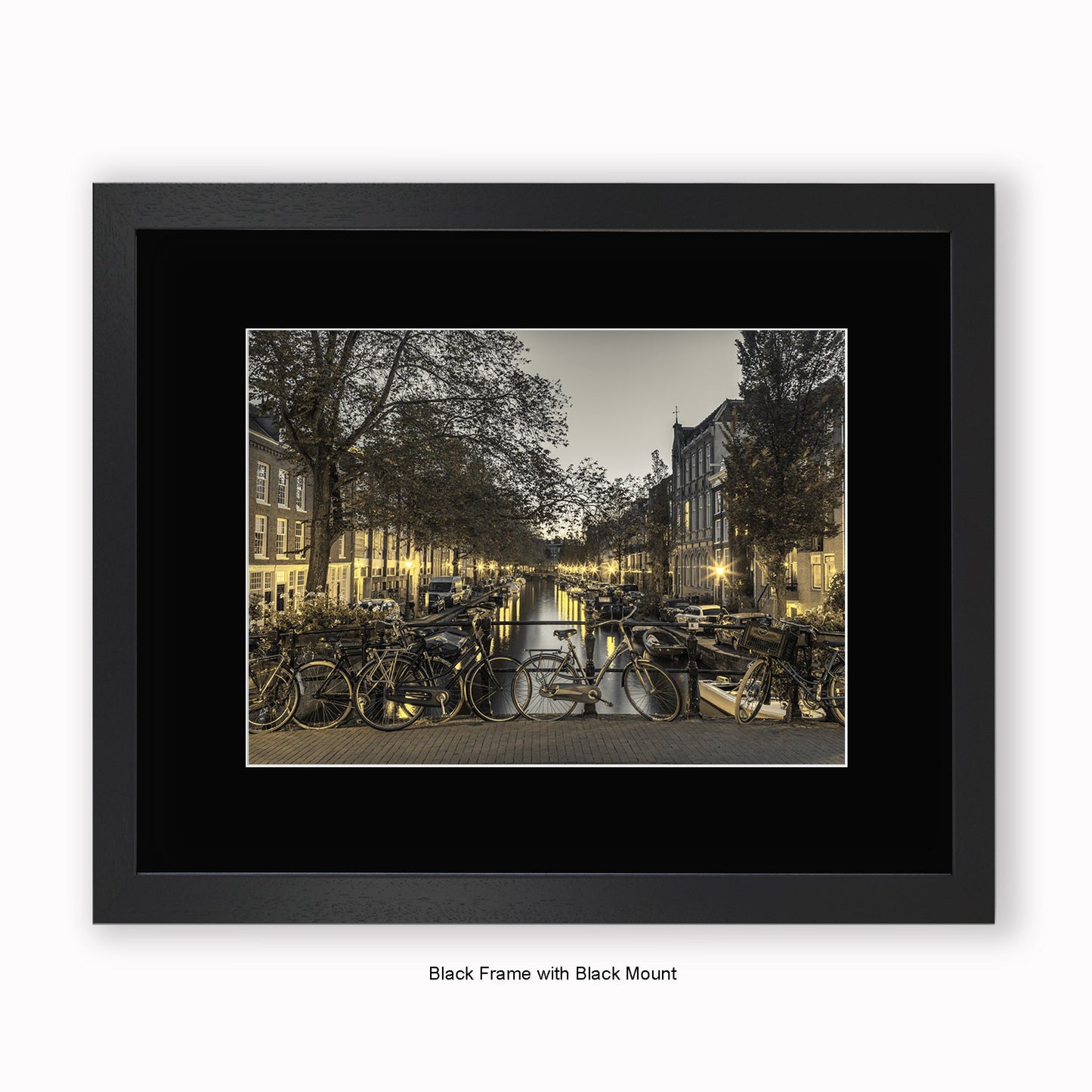 Amsterdam - Canal View At Night Sepia - Mounted & Framed Art Print