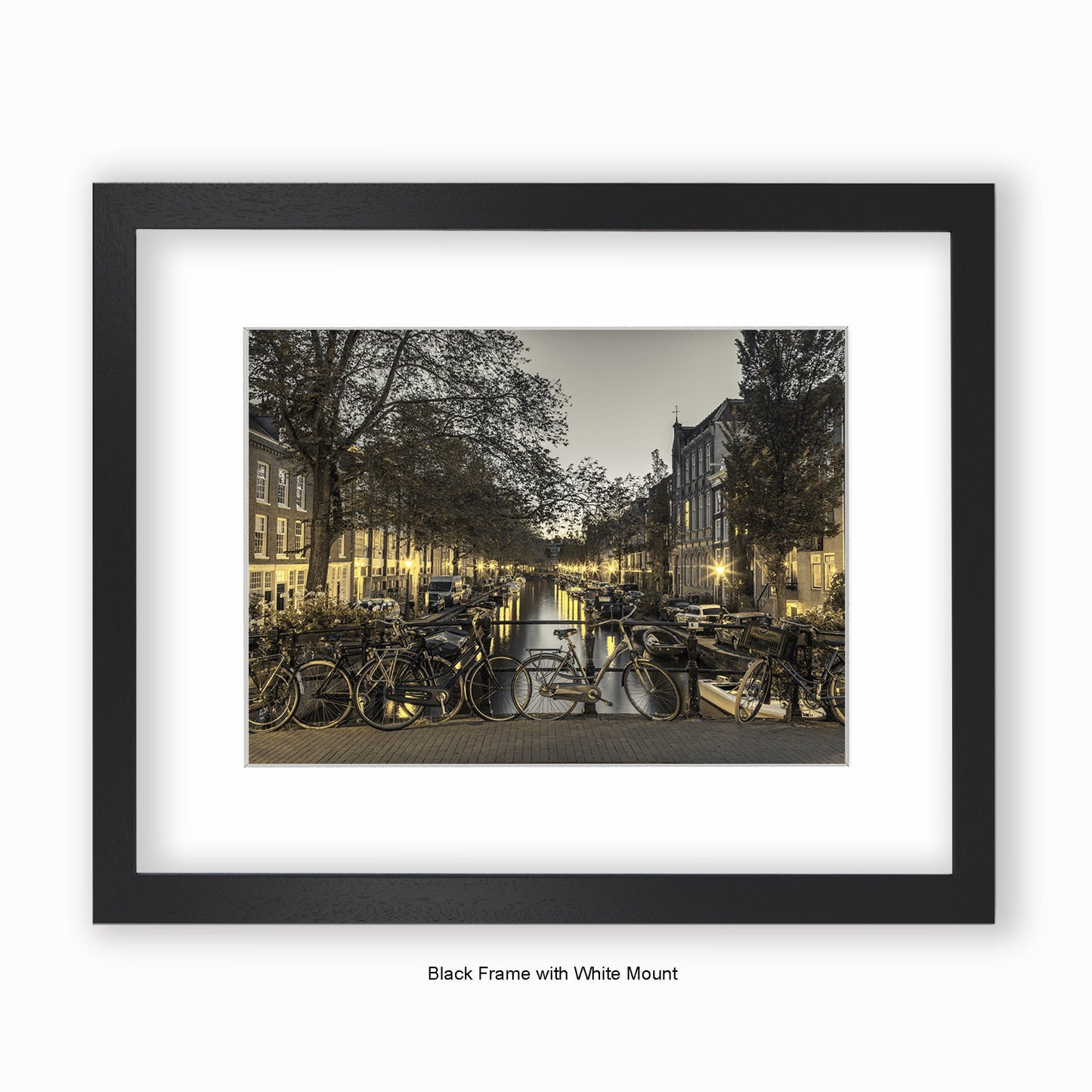 Amsterdam - Canal View At Night Sepia - Mounted & Framed Art Print