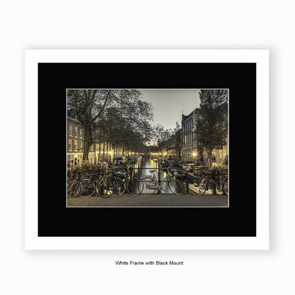 Amsterdam - Canal View At Night Sepia - Mounted & Framed Art Print