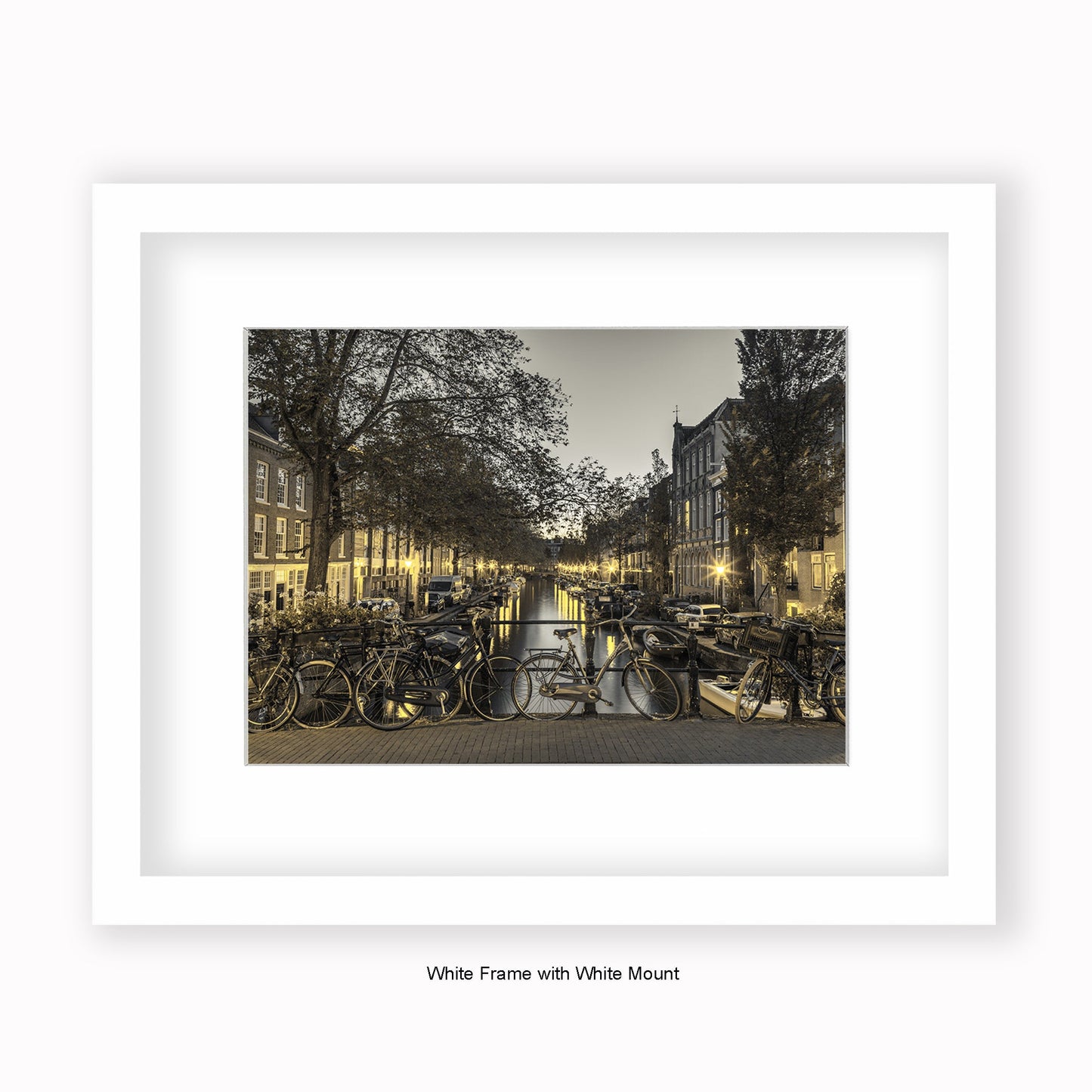 Amsterdam - Canal View At Night Sepia - Mounted & Framed Art Print