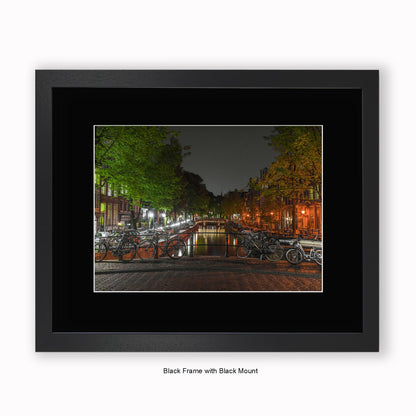 Amsterdam - Canal View At Night - Green Trees - Mounted & Framed Art Print